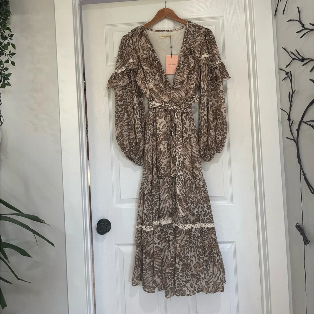 NWT Spell Beige Animal Print Long Sleeve Dress - Picture 2 of 8